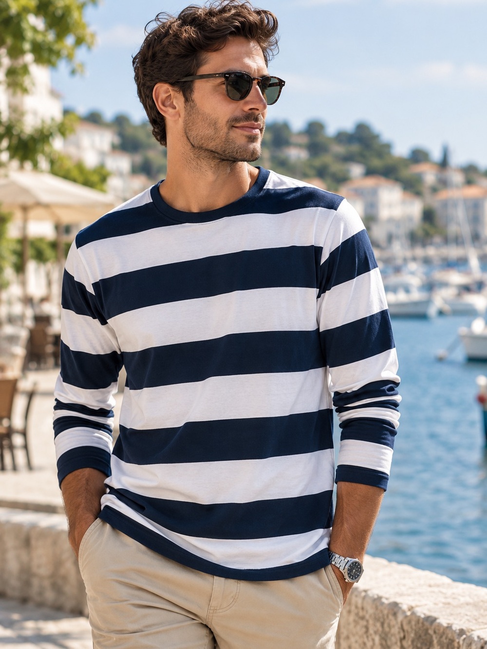 H&M Men’s Navy White Breton Stripe 100% Cotton Long Sleeve Shirt